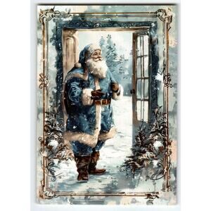 Vintage Blue Suit Santa Claus Christmas Lithograph Postcard 5.5x4 in Festive